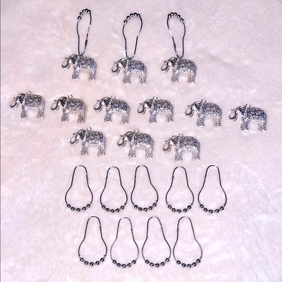NEW IN BOX! 🛁🐘🚿 12 ANTIQUE SILVER ELEPHANT RUST PROOF SHOWER RINGS & HOOKS SET - Picture 13 of 16